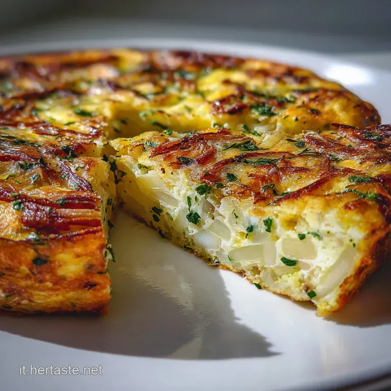 Slice of fluffy frittata with caramelized onions, served on a white plate with a bright green herb garnish, sunlit and inv...