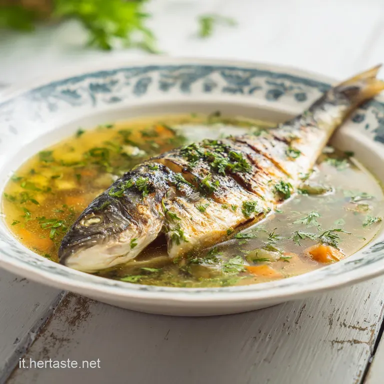 Delicate, clear fish broth served in a white bowl. Garnish of fresh herbs adds a vibrant green pop and enticing aroma.