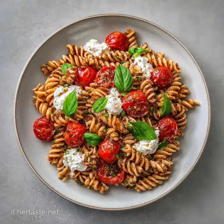 Pasta a spirale disposta in un piatto bianco, contrasto tra rosso acceso del pomodoro e vellutate nuvole di ricotta.