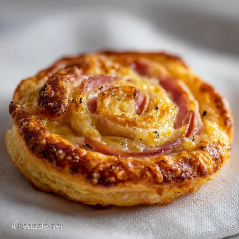 Slices of layered puff pastry swirls with ham filling presented on a white plate, side salad, hints of flaky crust and sav...