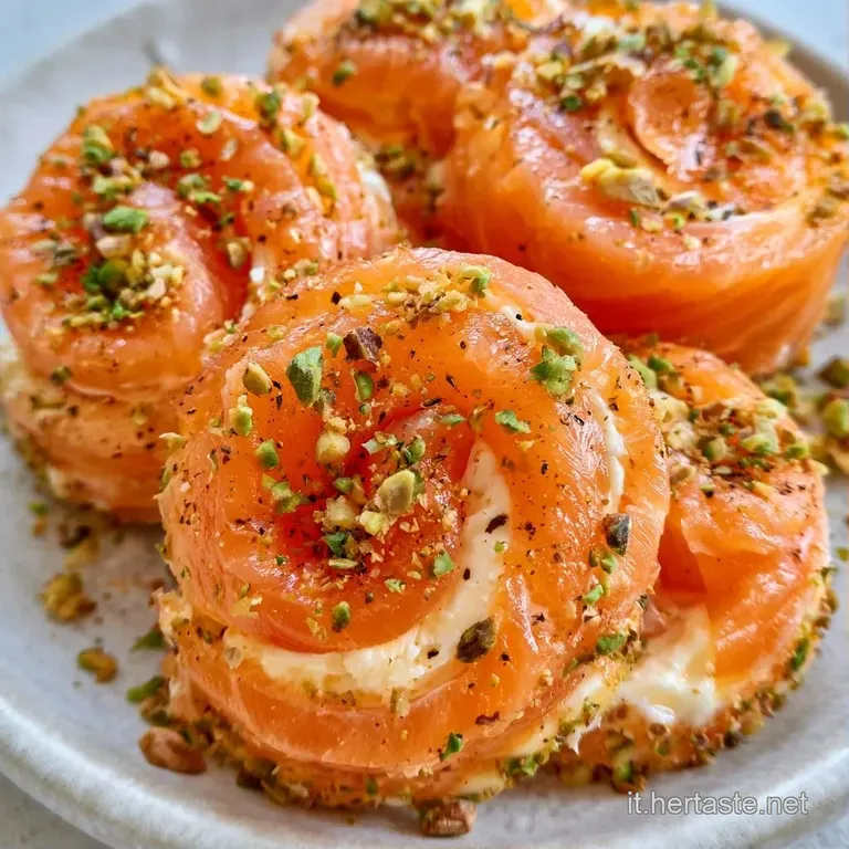 Elegante composizione di involtini a spirale con salmone rosato e pistacchi croccanti, guarniti da un tocco di verde.
