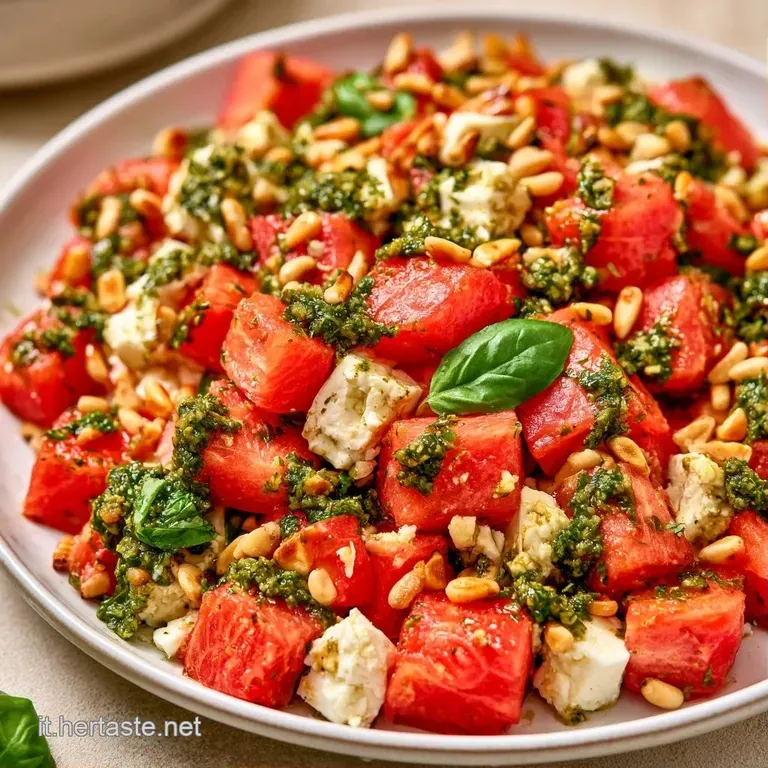 Composizione ordinata di dadini rossi succosi e feta cremosa, guarnita con menta fresca e un filo d'olio lucido.