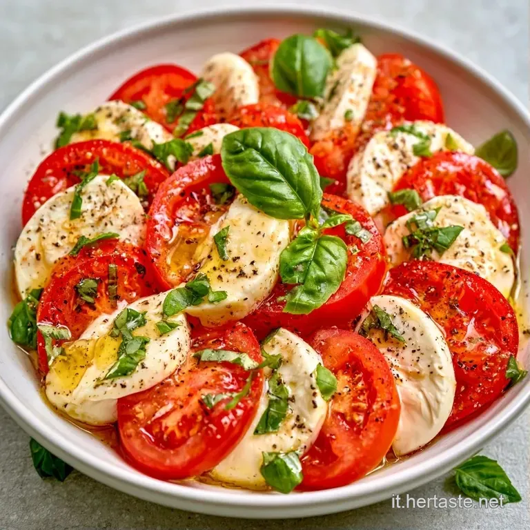 Disposizione ordinata di mozzarella cremosa e pomodori succosi, con gocce di olio dorato e basilico su un piatto bianco.