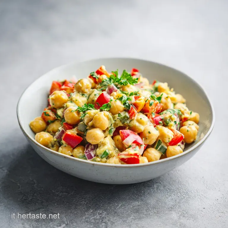 A spoonful of bright chickpea salad sits elegantly on a white plate, highlighting fresh ingredients and vibrant colors.