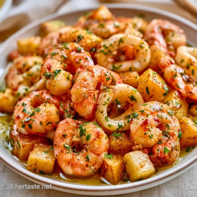 Composizione raffinata di crostacei lucidi e cubetti di patate gialle su piatto bianco, con un filo d'olio dorato.