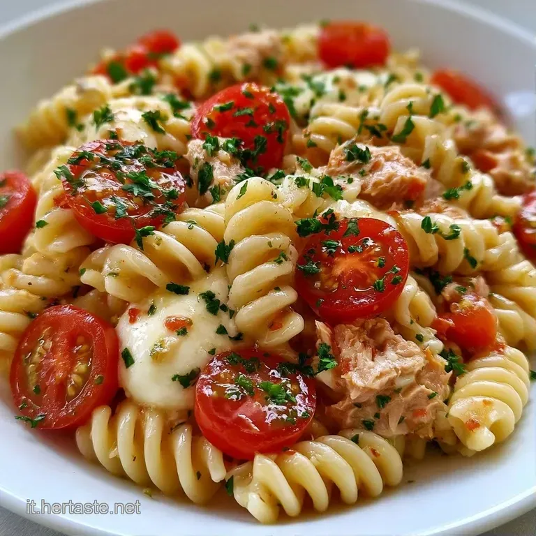 Piatto bianco con pasta condita, contrasto tra il rosso dei pomodori e il verde del prezzemolo, lucentezza dell'olio.