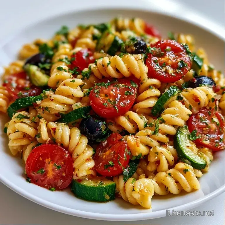 Piatto di ceramica con pasta multicolore, foglie di basilico fresco verde brillante e gocce di olio d'oliva dorato.