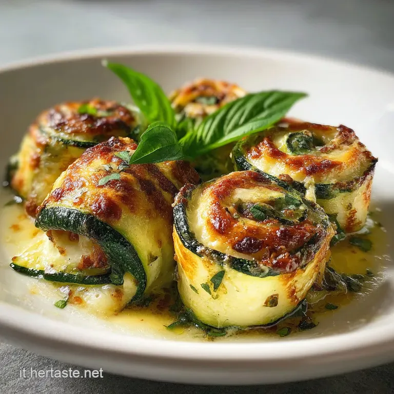 Artfully plated zucchini involtini, showcasing the golden crust and vibrant green edges. Sprinkled herbs add a fresh, arom...