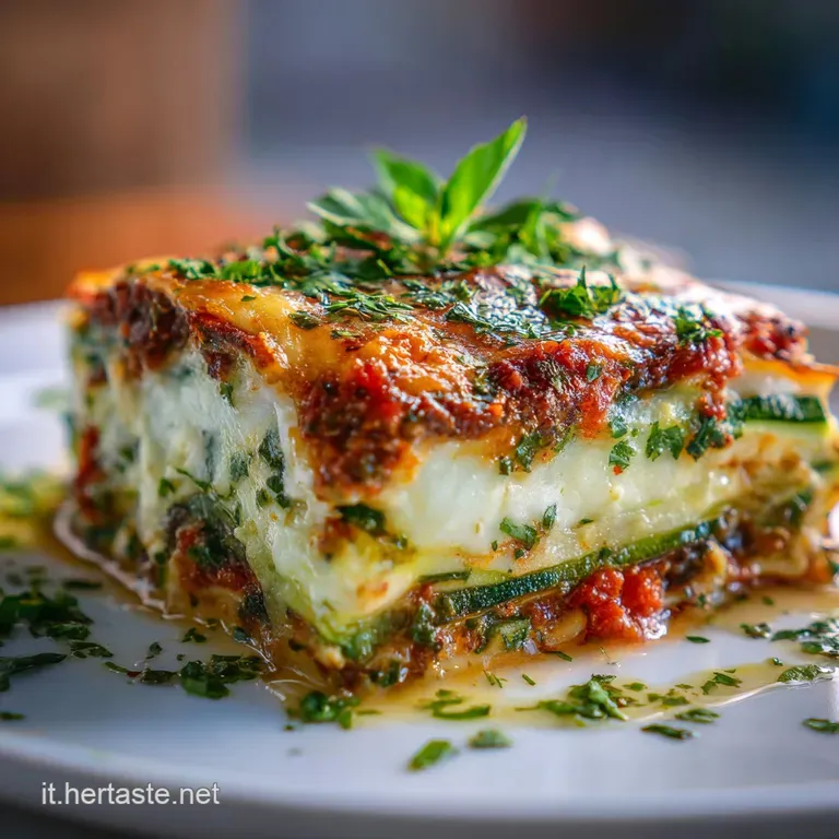 Stacked zucchini lasagna slice revealing layers of vibrant green zucchini, rich ricotta, and a browned, bubbly top on a wh...
