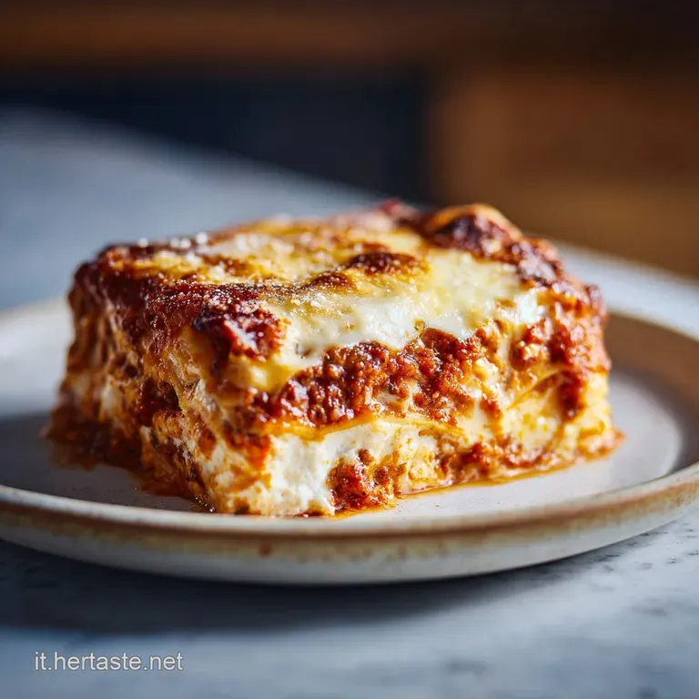 A neatly portioned slice of lasagna showcasing distinct layers of pasta, vibrant red sauce, fluffy ricotta, and browned, b...