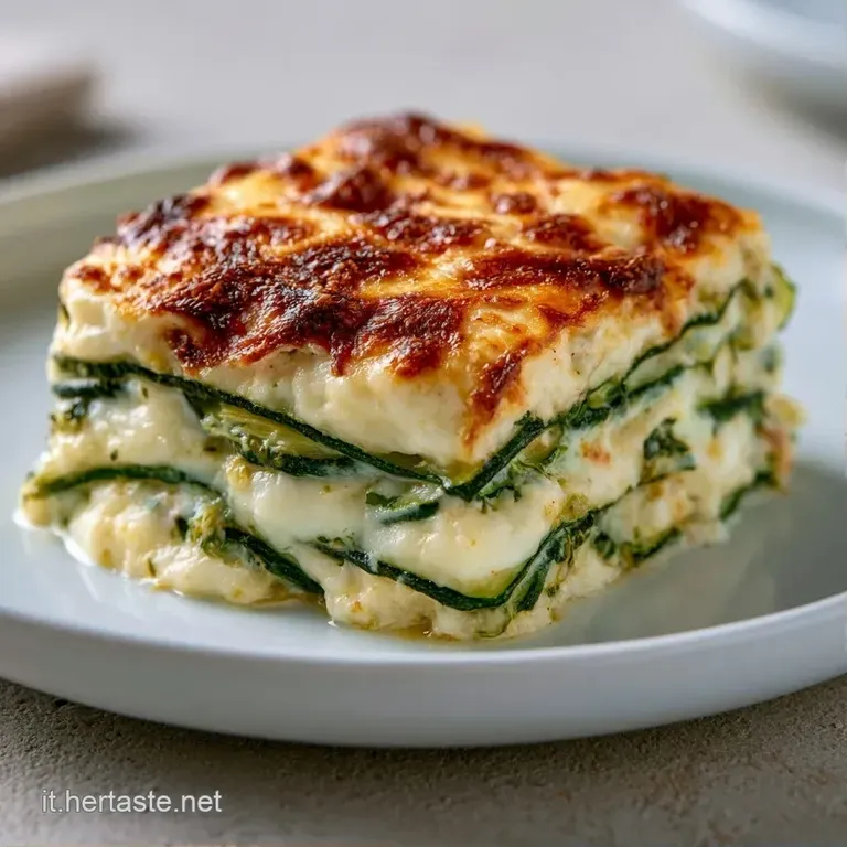 Quadrato di lasagne cremose su piatto bianco, guarnito con foglia di basilico fresco e un filo d'olio lucido.