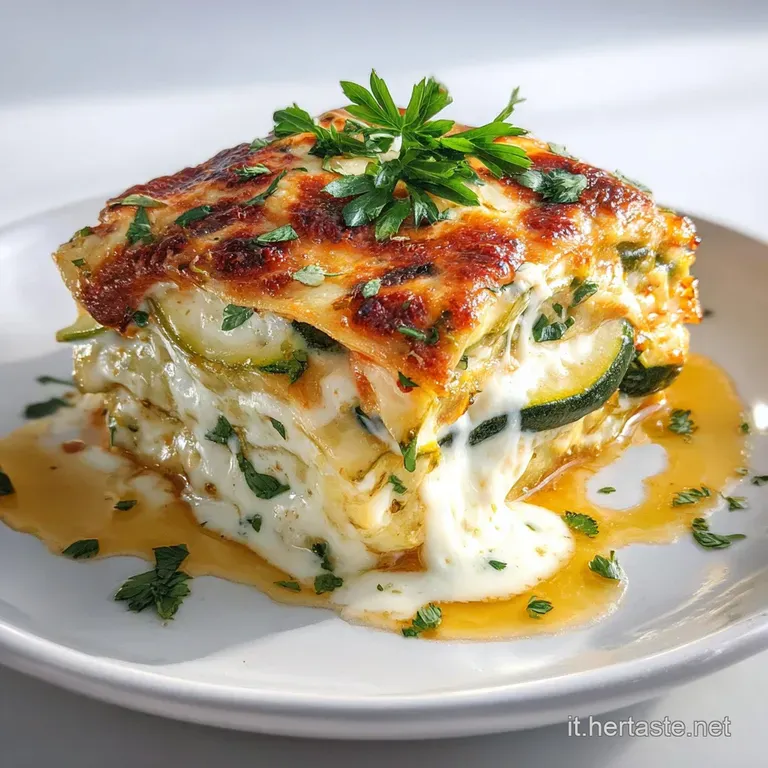 Slice of zucchini lasagna with a creamy, cheesy top, garnished with fresh basil, on a white plate. Rustic charm.