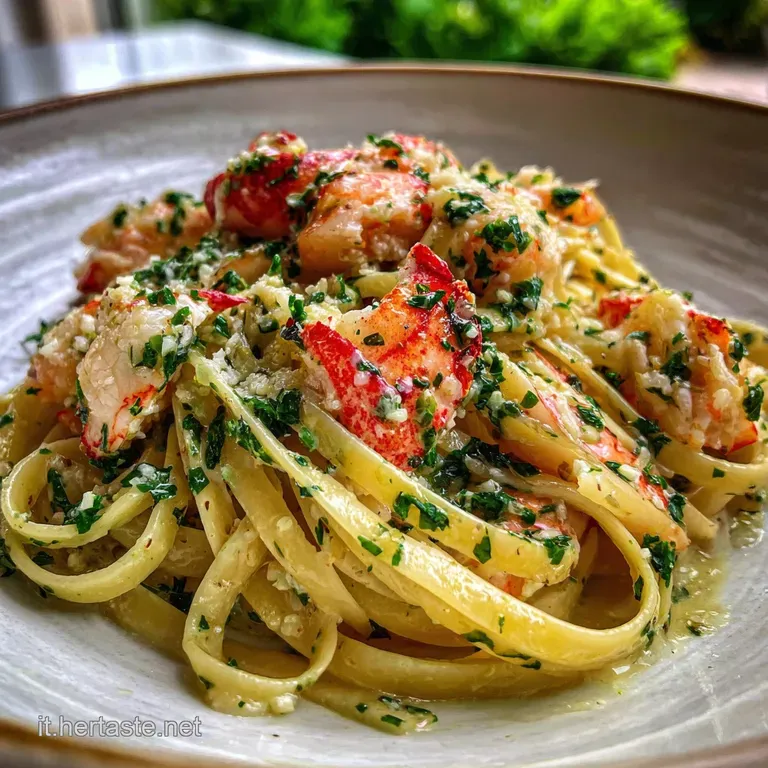 Elegant plate of linguine with scampi; the pasta is coated in a light sauce and topped with fresh herbs and a drizzle of oil.