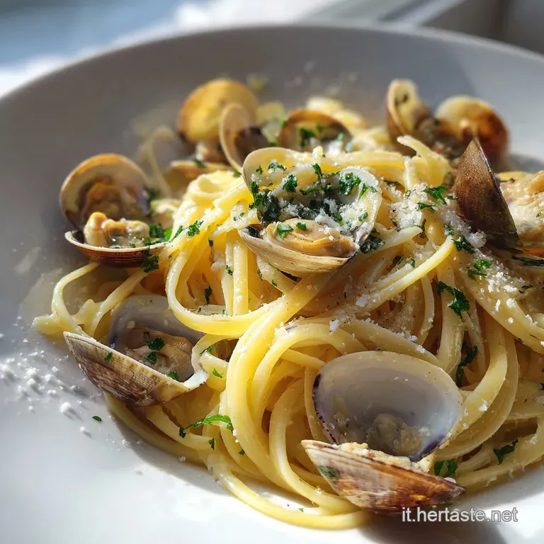 Elegant plate of linguine alle vongole: vibrant green parsley contrasts with the creamy pasta, showcasing open clams and a...