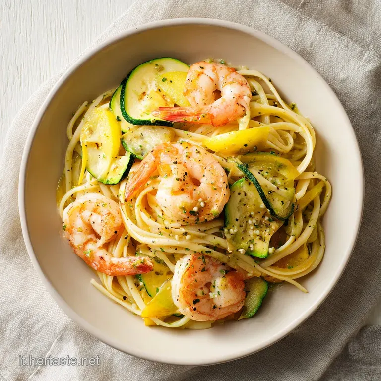 Elegant plate of pasta showcasing glistening shrimp and bright zucchini ribbons, finished with a drizzle of olive oil and ...