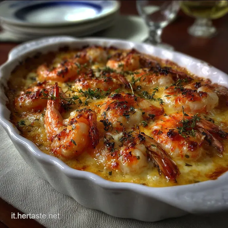 Perfectly browned shrimp gratin served in a scallop shell. Sprigs of parsley and a lemon wedge add freshness to the rich s...