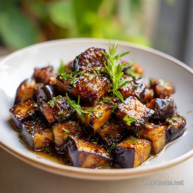 A rustic earthenware bowl overflowing with tender, savory eggplant pieces, artfully garnished with fresh parsley.