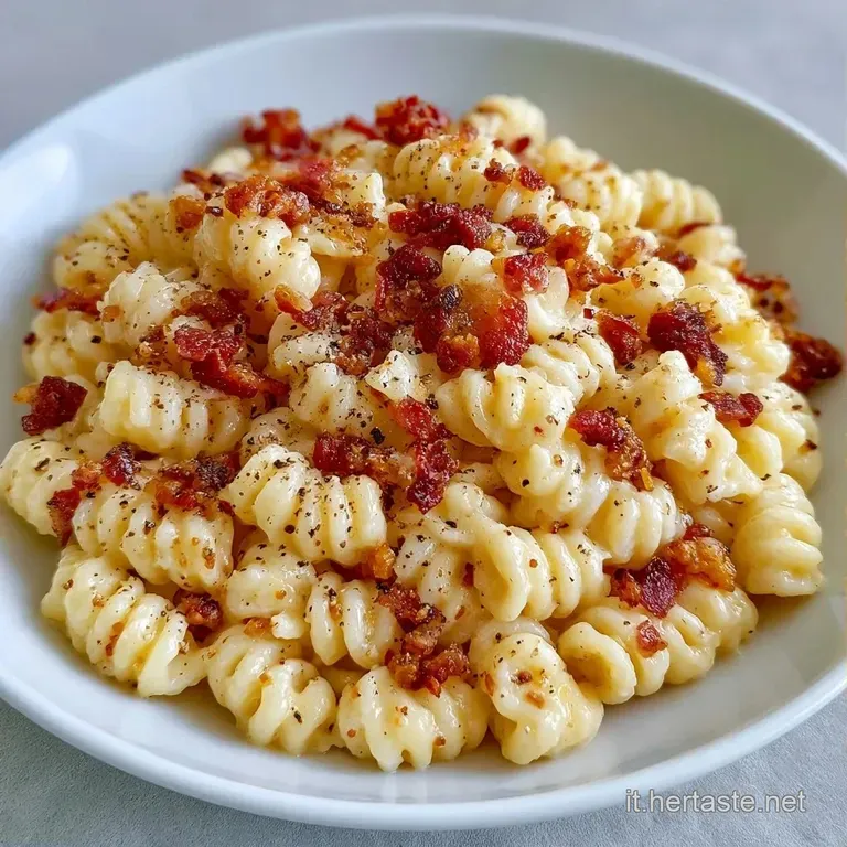 Piatto bianco con pasta cremosa color avorio, guanciale dorato ben distribuito e una spolverata di pepe nero intenso.