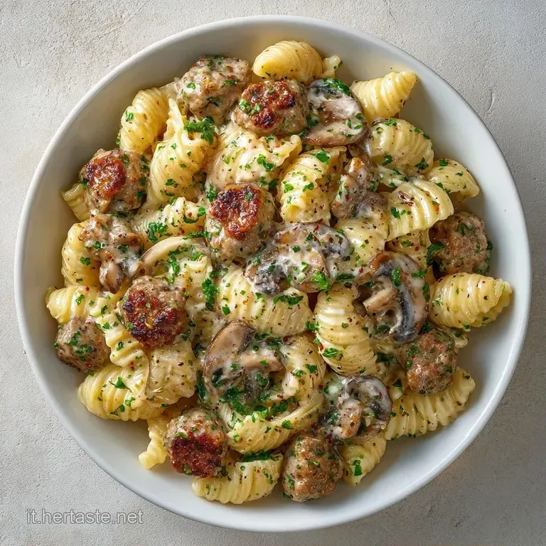 Porzione di pasta cremosa in un piatto fondo, decorata con funghi dorati e un tocco di prezzemolo su sfondo neutro.