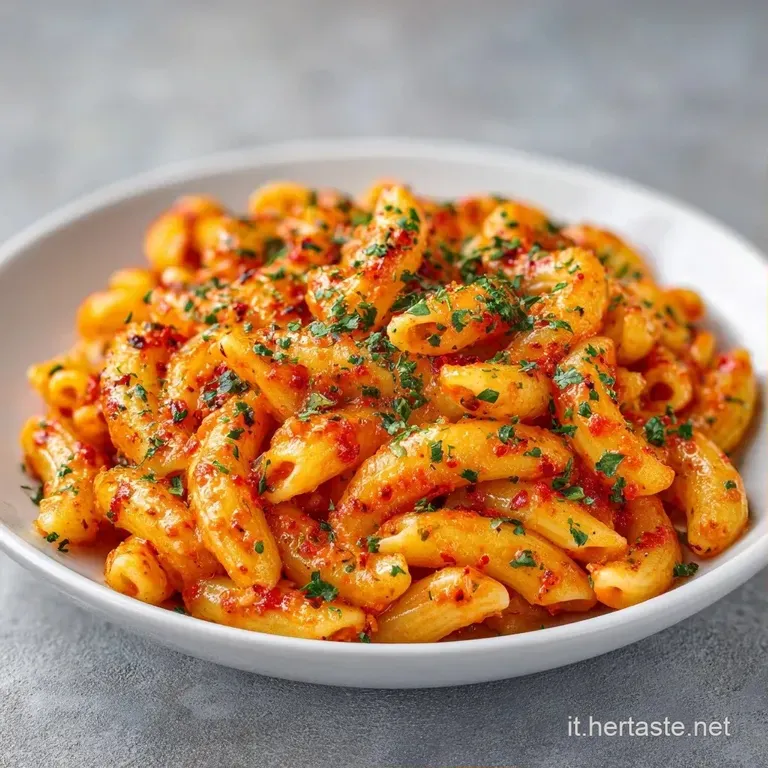Piatto di ceramica con pasta corta lucida, salsa arancione brillante, foglioline di basilico fresco e scaglie di pecorino.