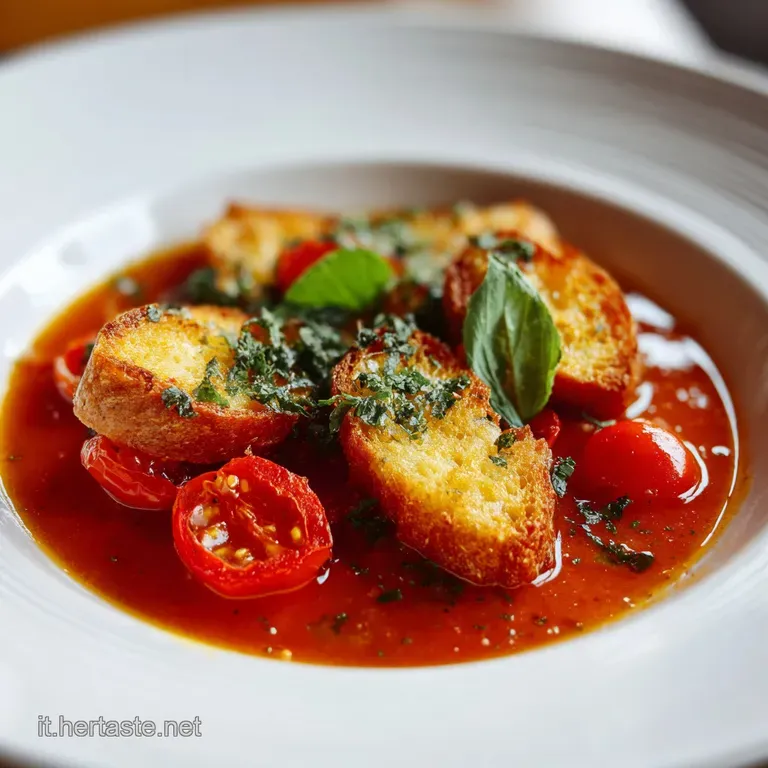 Elegant serving of Tuscan bread soup. Bright vegetables and toasted bread peek from a steaming, herb-infused broth in a wh...
