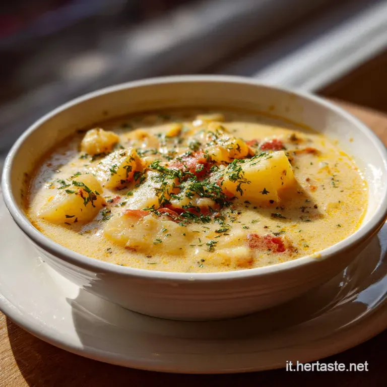 Elegant bowl of potato and rice soup, garnished with fresh parsley and cracked pepper. Steam rises invitingly from the cre...