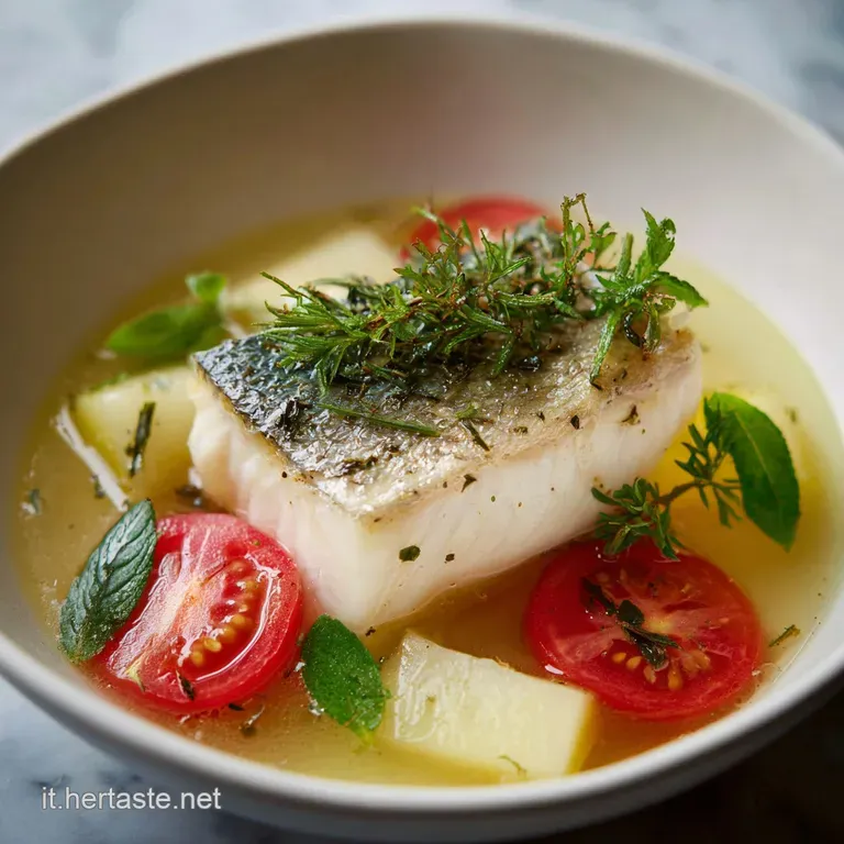 Elegant plating of seafood stew: mussels, clams, and diced vegetables nestled in a flavorful broth, garnished with vibrant...