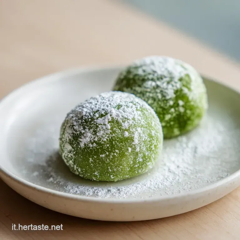 Delicate green matcha mochi elegantly arranged on a white plate, highlighting its soft texture and vibrant color.