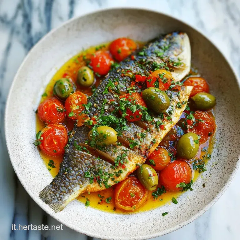 Flaky white sea bream fillet artfully arranged with briny olives and bright red tomatoes on a white plate.