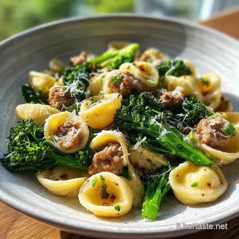 Perfectly plated orecchiette with browned sausage and green broccoli, topped with grated cheese and cracked black pepper.