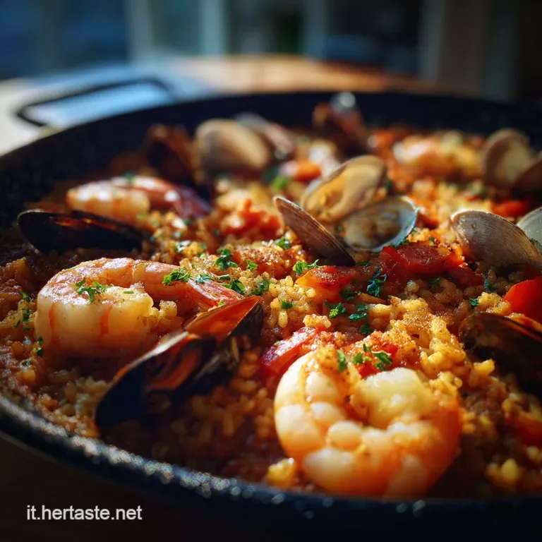 A portion of paella beautifully plated, highlighting the glistening rice and perfectly cooked seafood; lemon wedge accent.