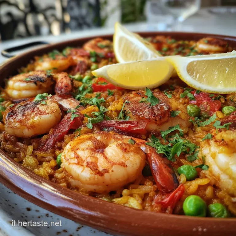 An artful plate of paella with glistening seafood, herbs, and a wedge of lemon, creating an inviting culinary experience.
