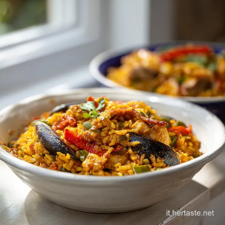 Generous scoop of paella mounded on a white plate, showing fluffy rice, succulent seafood, and colorful vegetables.