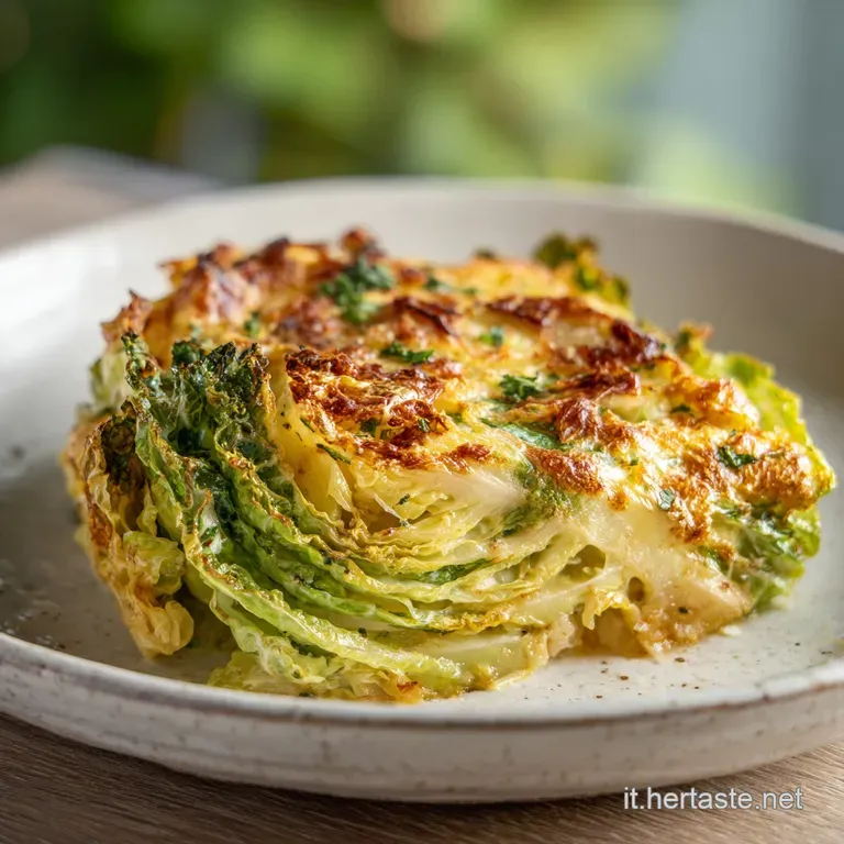 A warm slice of Parmigiana di Verza on a plate, steam rising, showing soft cabbage and melted cheese.