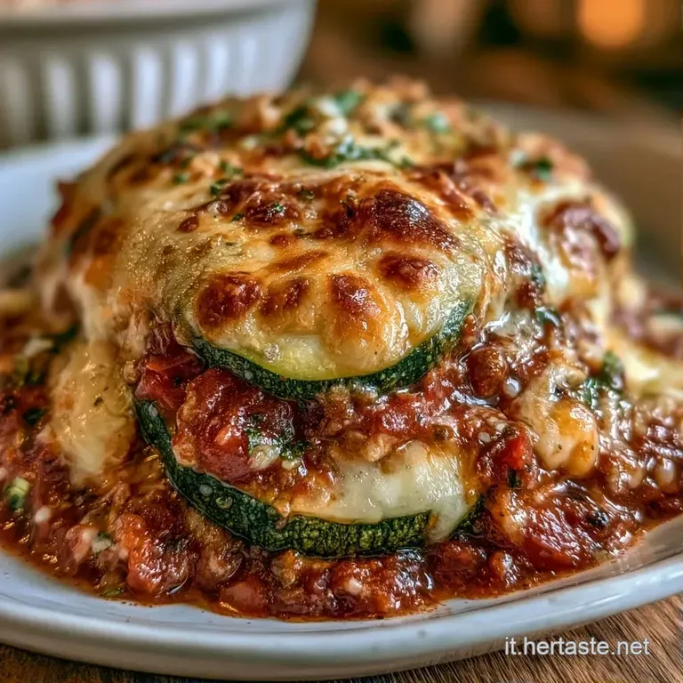 Porzione quadrata su piatto bianco con formaggio filante, foglie di basilico fresco e contorno di salsa rossa densa.