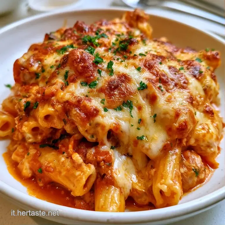 Porzione di pasta filante su piatto bianco, con formaggio fuso bianco e fragranti crosticine dorate in superficie.