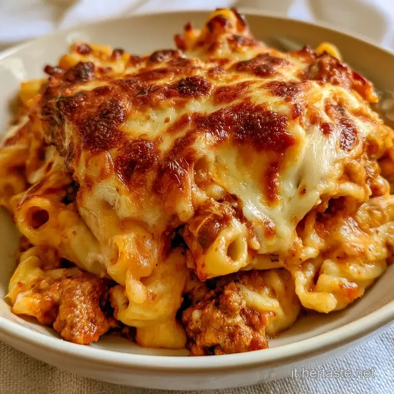 Una porzione di pasta filante adagiata su un piatto bianco, con formaggio fuso color ambra e un filo d'olio lucido.