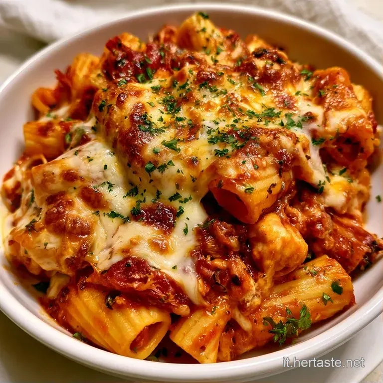 Porzione di pasta gratinata su piatto bianco, decorata con prezzemolo fresco e bordi croccanti color ambra intenso.