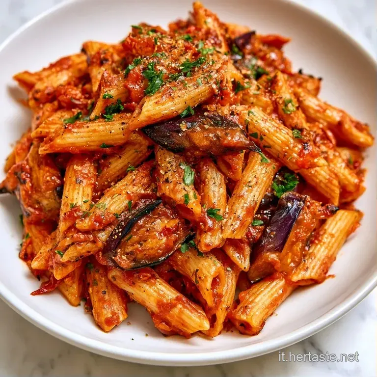 Porzione di pasta filante in piatto bianco, decorata con basilico fresco e bordi gratinati di un caldo color ambrato.