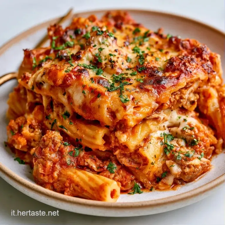 Un'elegante porzione di pasta gratinata con formaggio fuso e dorato, adagiata su un piatto di ceramica bianca lucida.