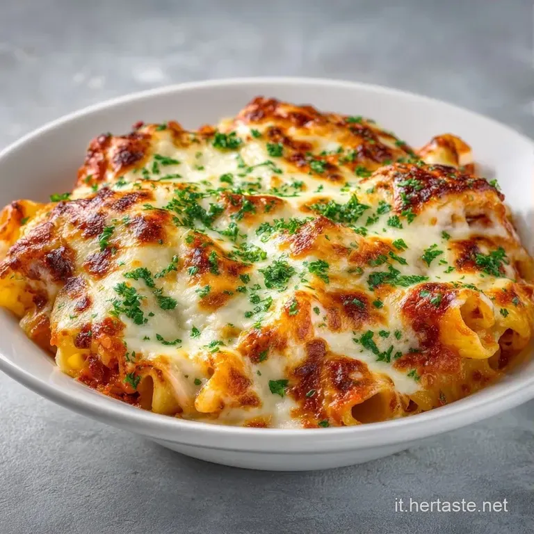 Porzione di pasta gratinata su piatto bianco, con formaggio filante e contrasto tra rosso intenso e bianco della ceramica.