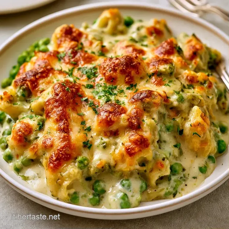 Piatto elegante con pasta avvolta in crema bianca, contrasto di verde fresco e texture morbida e vellutata al centro.