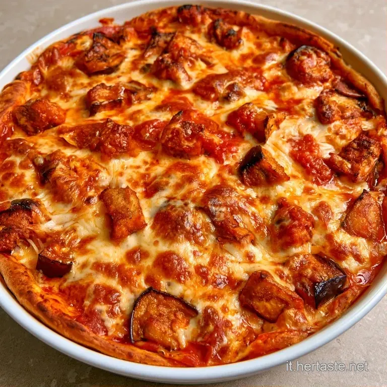 Porzione elegante di pasta al forno con formaggio fuso, melanzane tenere e pomodoro lucido su piatto bianco.
