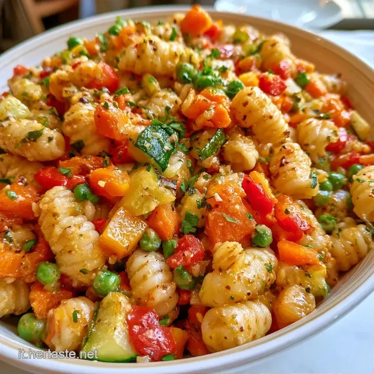 Porzione di pasta filante in un piatto bianco, con verdure croccanti e un filo d'olio lucido sotto una luce naturale.