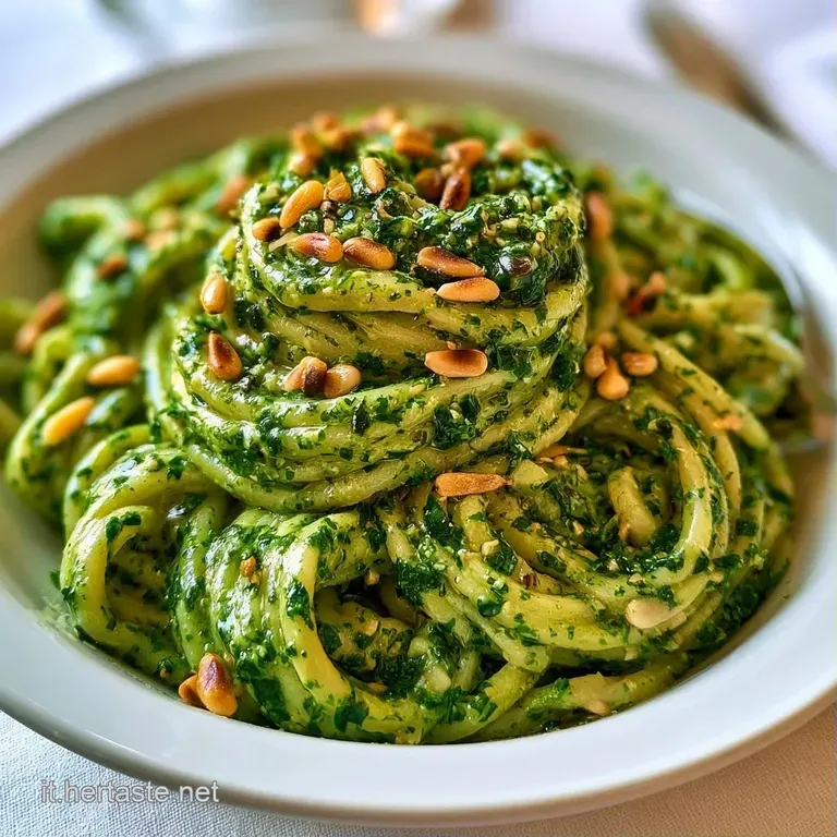 Spirale di pasta cremosa verde intenso su piatto bianco, decorata con una foglia di basilico fresco e pepe nero.