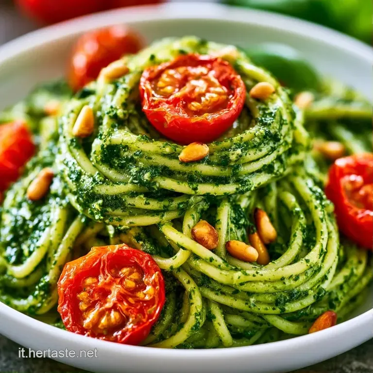 Composizione elegante di pasta cremosa verde e pomodorini rossi, decorata con scaglie di formaggio e basilico fresco.