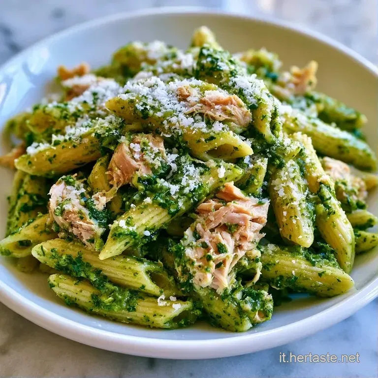 Piatto bianco con spaghetti cremosi verde smeraldo, pezzetti di tonno naturale e un filo d'olio dorato lucido in superficie.