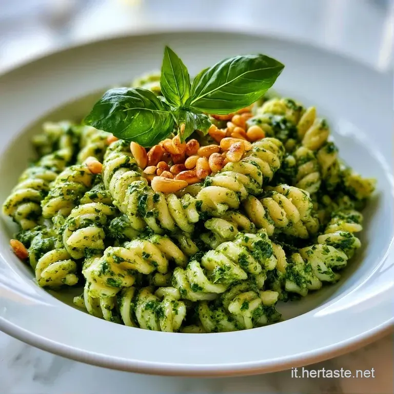 Piatto di ceramica bianca con pasta fredda verde intenso, pomodorini rossi lucidi e foglie di basilico fresco in cima.