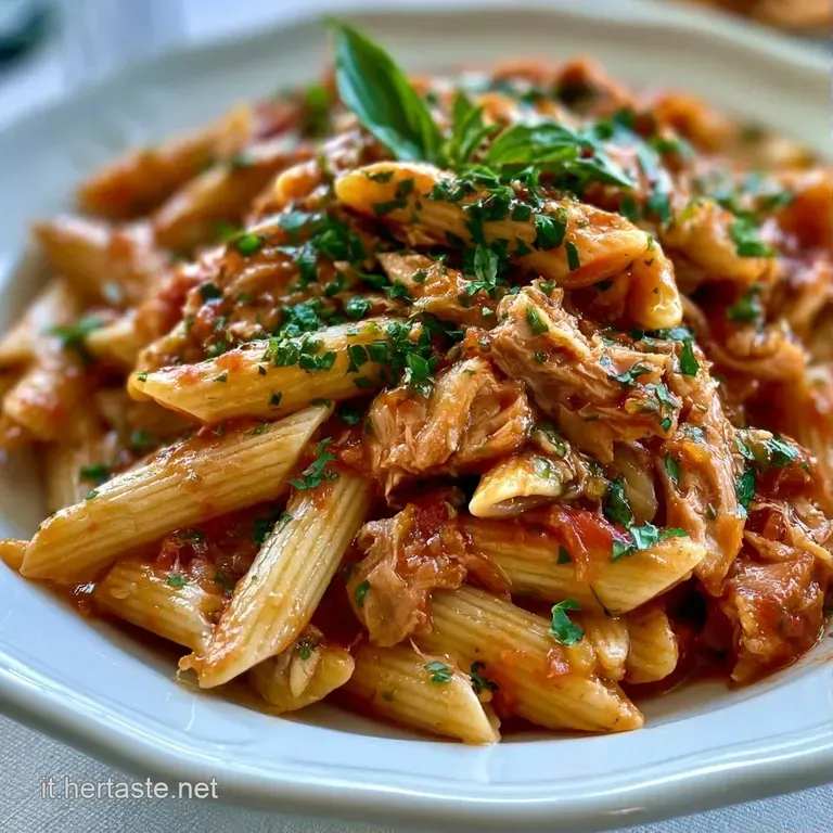 Elegante nido di pasta cremosa al pomodoro rosso vivo, guarnita con tonno sminuzzato e un tocco di prezzemolo fresco.