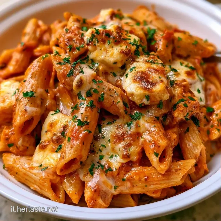 Pasta cremosa al pomodoro disposta con cura, con scaglie di formaggio bianco e un filo d'olio lucido a gocce.